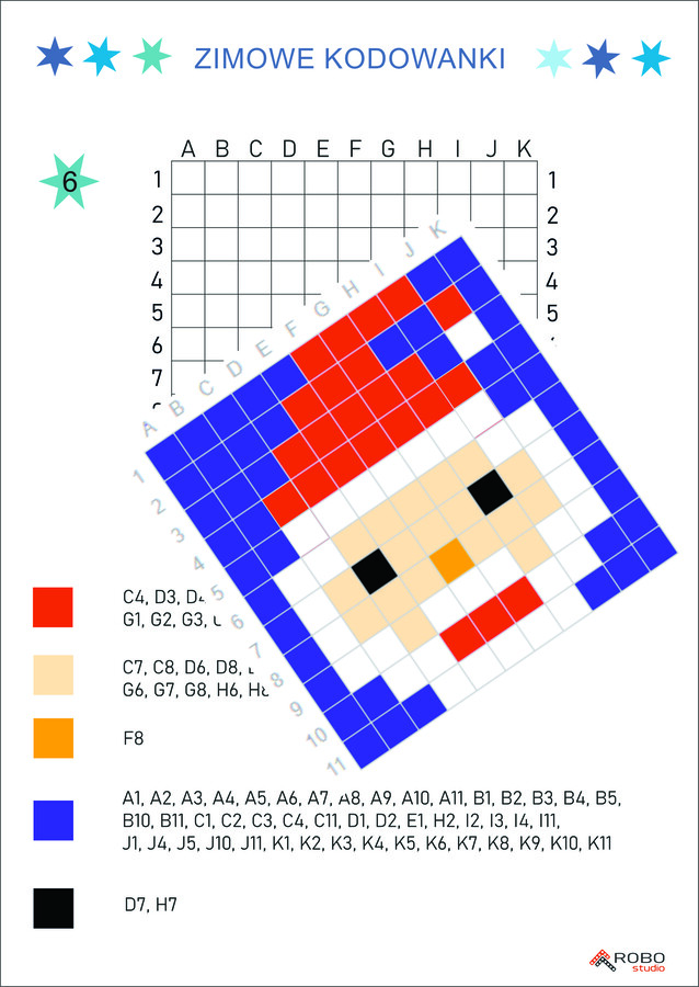 Kodowanki zimowe, świąteczne, mikołajkowe- łatwe- dyktando graficzne, kolorowanka, zima, Święta, Boże Narodzenie, Mikołaj