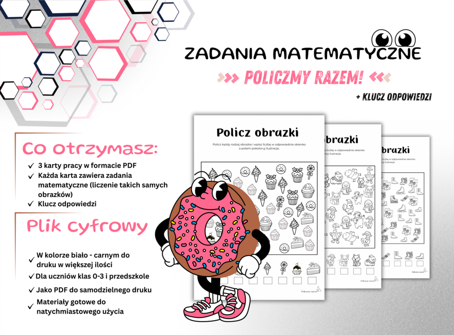 Zadania matematyczne dla klas 0-3 i przedszkola, liczenie takich samych obrazków, koncentracja