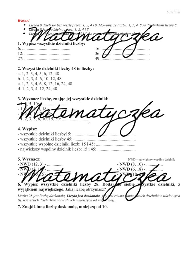 Dzielniki - karta pracy