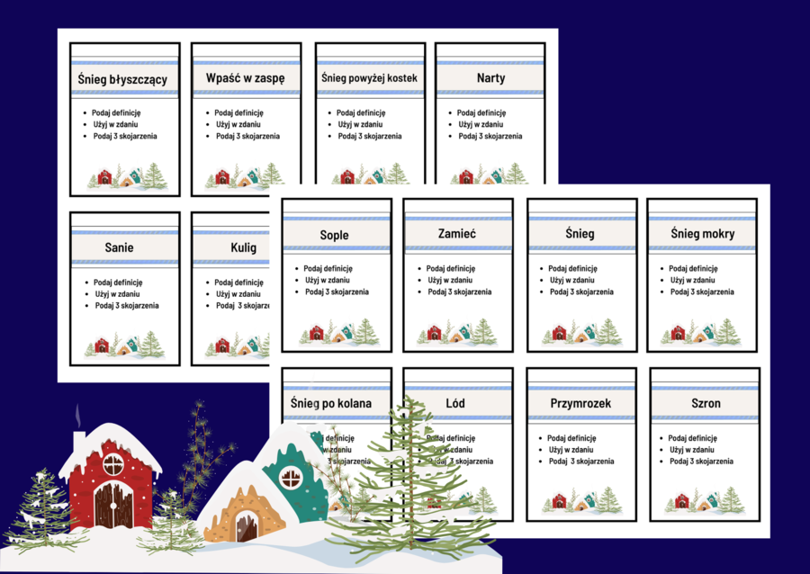 ❄️💙 Kraina Wiecznego Śniegu – zima - edukacyjna gra słowna dla klas 5–8 - język polski - biblioteka - zajęcia z wychowawcą - 56 fiszek