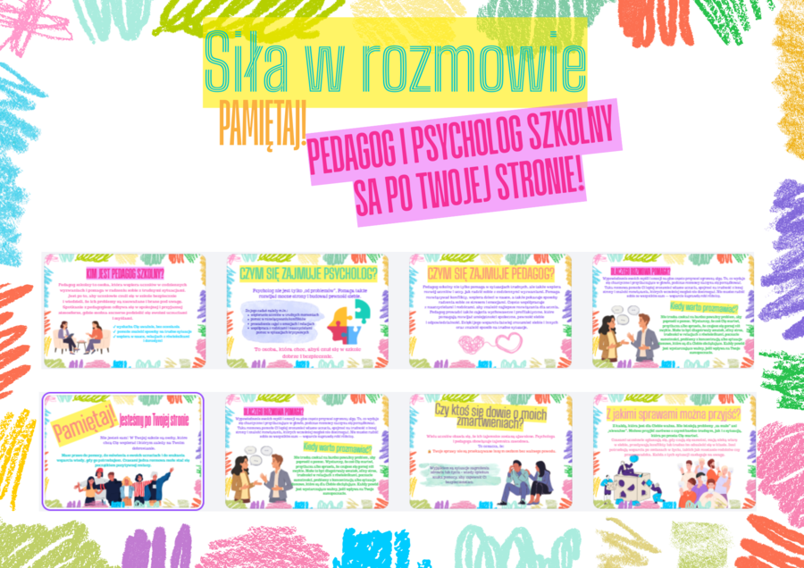 Gazetka szkolna, Godzina wychowawcza- SIŁA W ROZMOWIE-pedagog i psycholog szkolny  SA po Twojej stronie!- 12 kolorowych kart A4 + DODATKOWY ALTERNATYWNY NAPIS- PDF- całoroczna