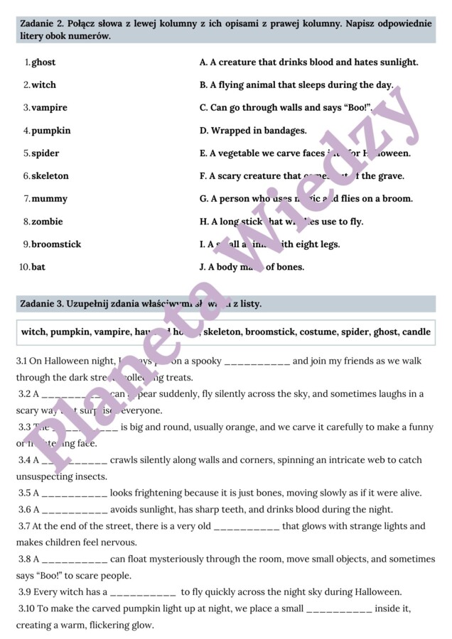 🎃👻KARTA PRACY – HALLOWEEN – SŁOWNICTWO 🎃👻- KLASY 4-8 SZKOŁY PODSTAWOWEJ- WYKREŚLANKA, BUDOWANIE ZDAŃ, POZNAJ TRADYCJE HALLOWEEN, OPISZ SWOJE HALLOWEEN, CZYTANIE TEKSTU, SPEAKING + ODPOWIEDZI