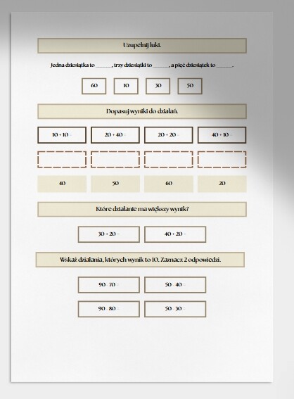 Dodawanie i odejmowanie dziesiątek. Karta pracy. Sprawdzian