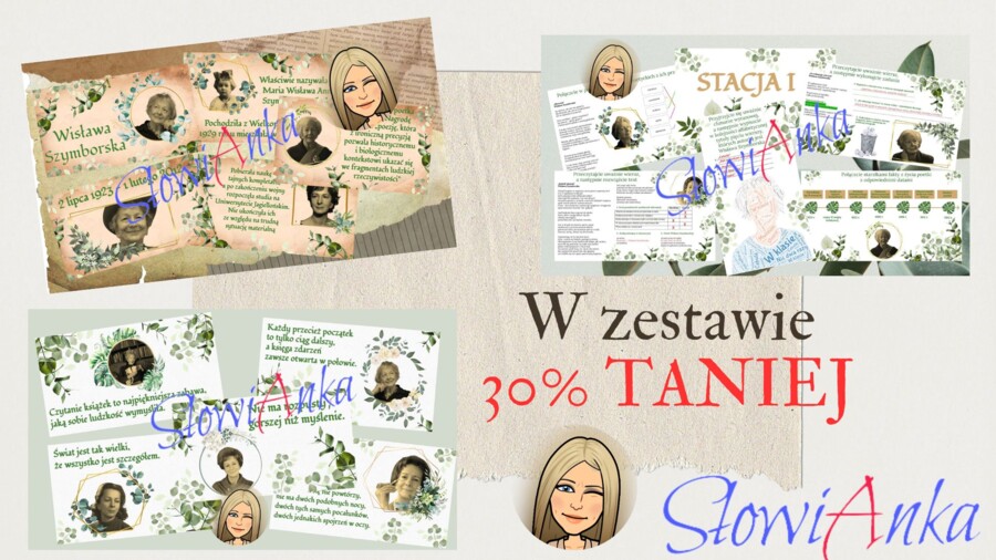 DUŻY ZESTAW 30% TANIEJ - Wisława Szymborska (życie i twórczość, sentencje, stacje zadaniowe)