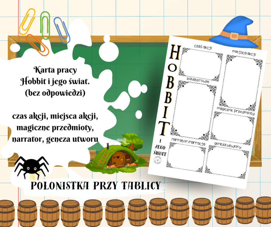Hobbit i jego swiat - karta pracy, świat przedstawiony powieści, bez rozwiązań
