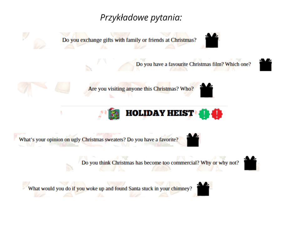 Holiday Heist - językowa gra, język angielski, pytania związane z Świętami Bożego Narodzenia, Christmas ESL questions, gra podobna do Kaboom!