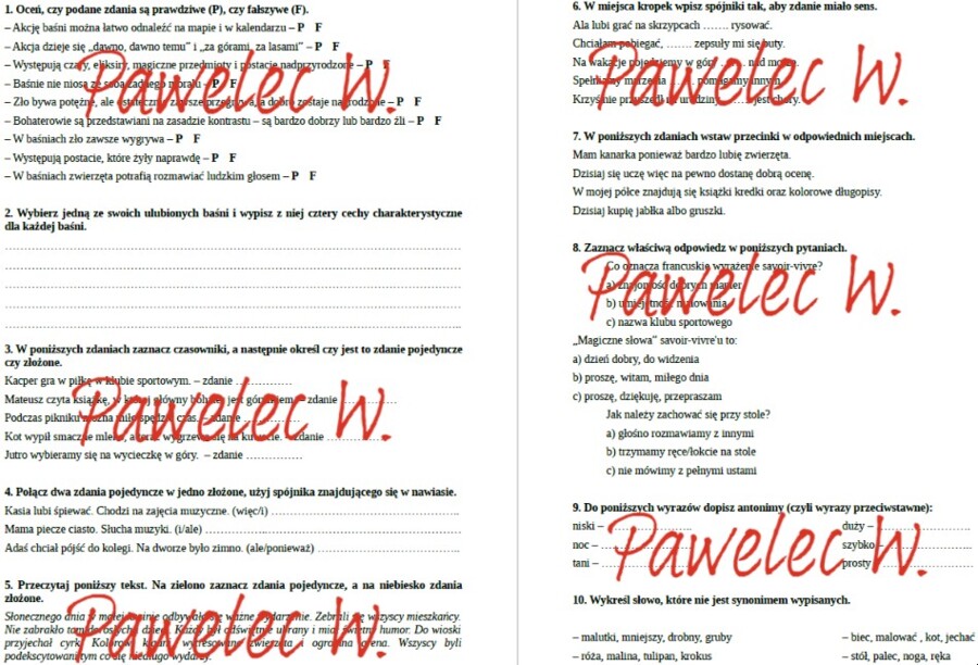 Ja i świat wyobraźni - test z j. polskiego, kl. 4, a w nim: list, baśń, antonimy, synonimy, zd. pojedyncze i złożone, spójnik
