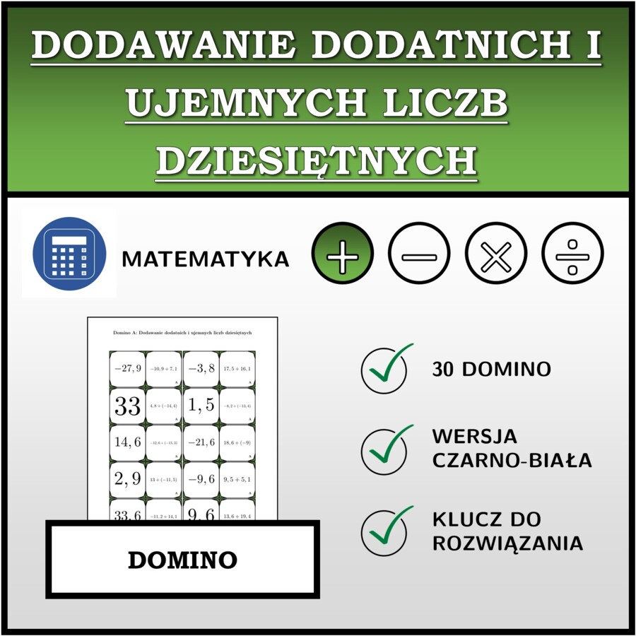 Domino - Dodawanie dodatnich i ujemnych liczb dziesiętnych | matematyka