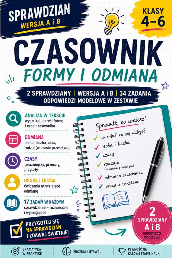 Czasownik – sprawdzian kl. 4–6 | wersja A i B | 17 zadań + odpowiedzi modelowe