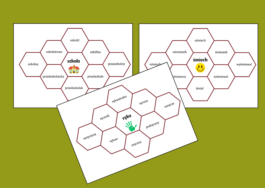 SŁOWOTWÓRSTWO - rodzina wyrazów - układanka - heksy - fiszki - gramatyka - powtórka