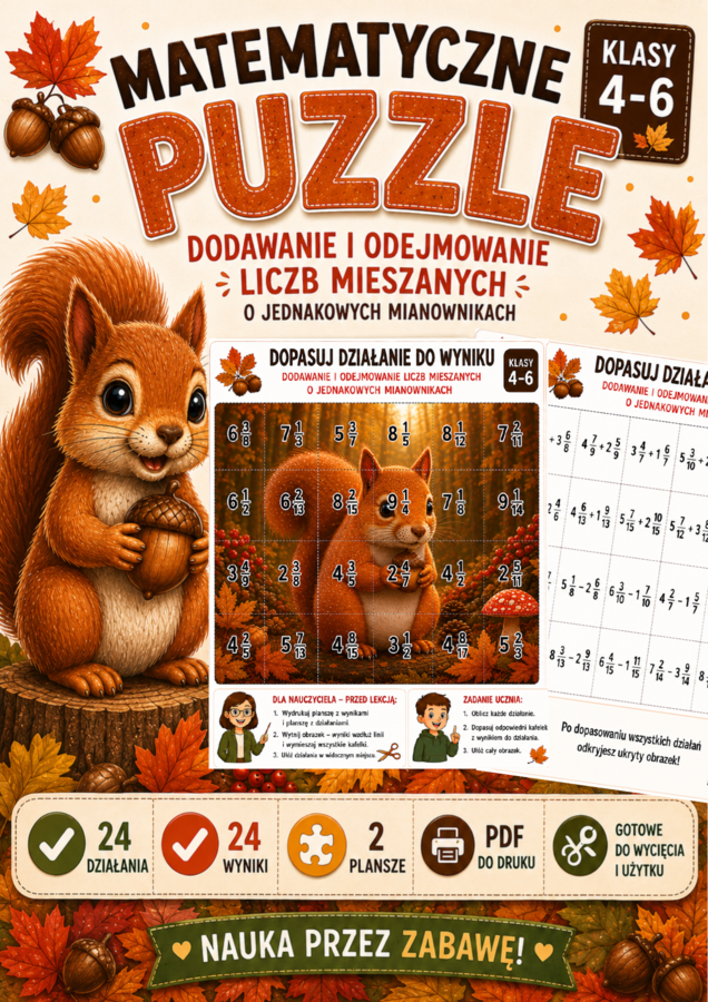 Matematyczne puzzle – dodawanie i odejmowanie liczb mieszanych o jednakowych mianownikach | klasy 4–6