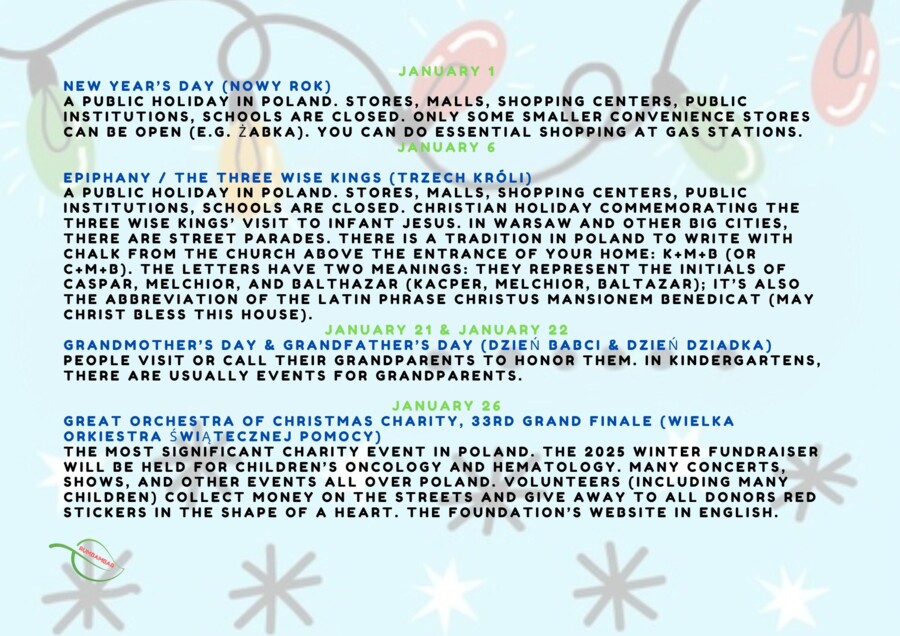 Styczeń January cały miesiąc z miejscem na notatki oraz opisem Polskich świąt w j. angielskim