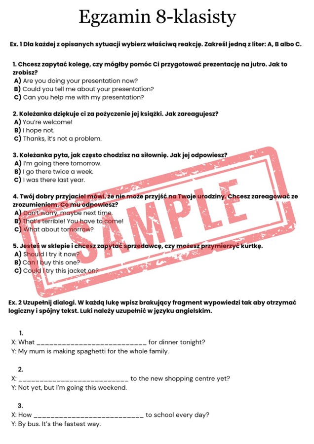 Egzamin 8-klasisty – Język Angielski | Zestaw zadań egzaminacyjnych: reakcje, dialogi, czytanie, tłumaczenia, e-mail + klucz odpowiedzi