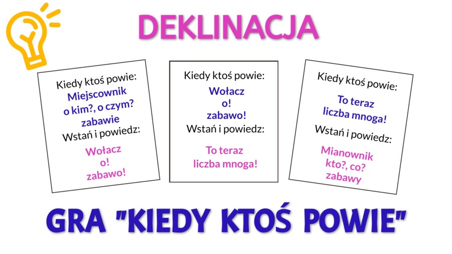 Odmiana przez przypadki - zabawa „Kiedy ktoś powie…”. Deklinacja.
