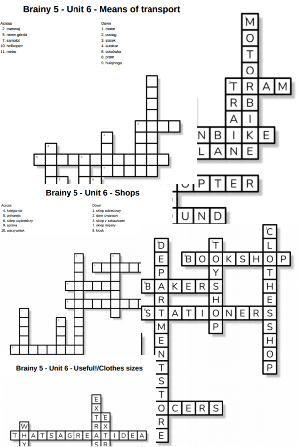 Brainy 5 – Unit 6 – krzyżówki – Means of transport/Shops/Useful!_Clothes sizes
