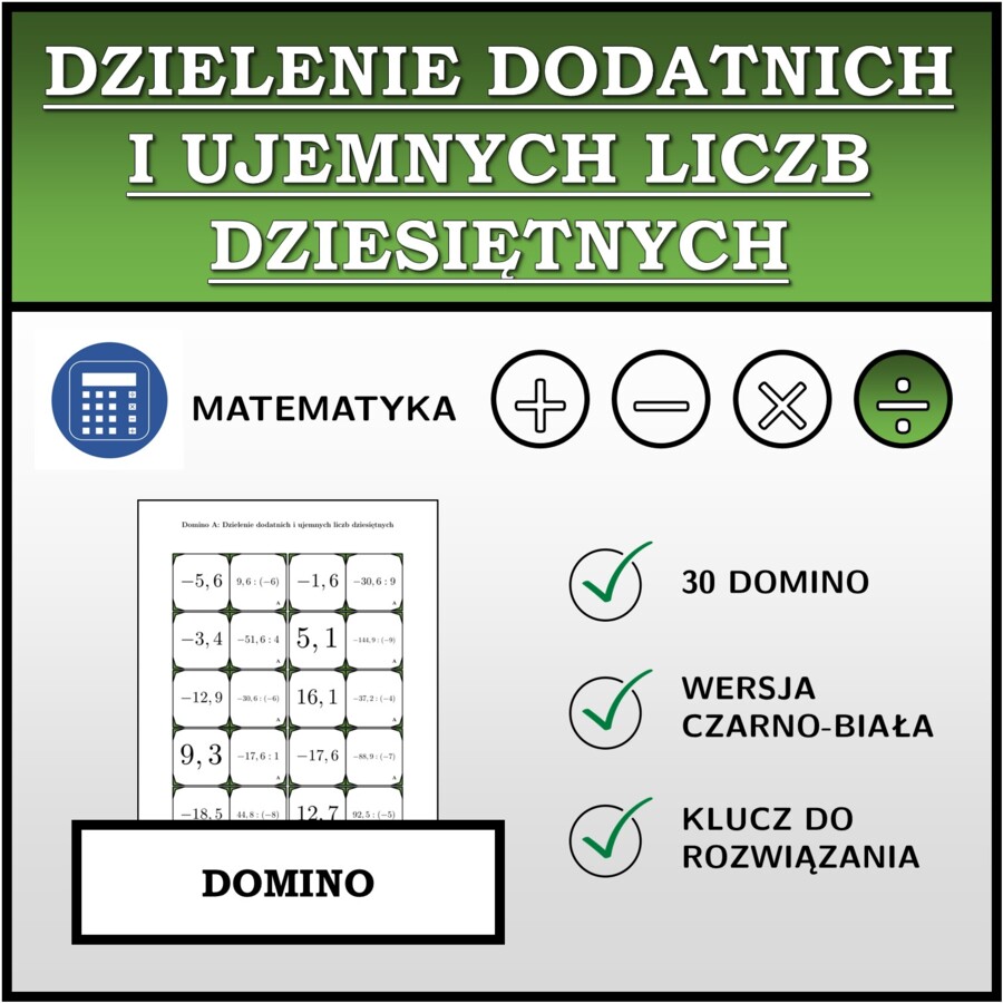 Domino - Dzielenie dodatnich i ujemnych liczb dziesiętnych | matematyka