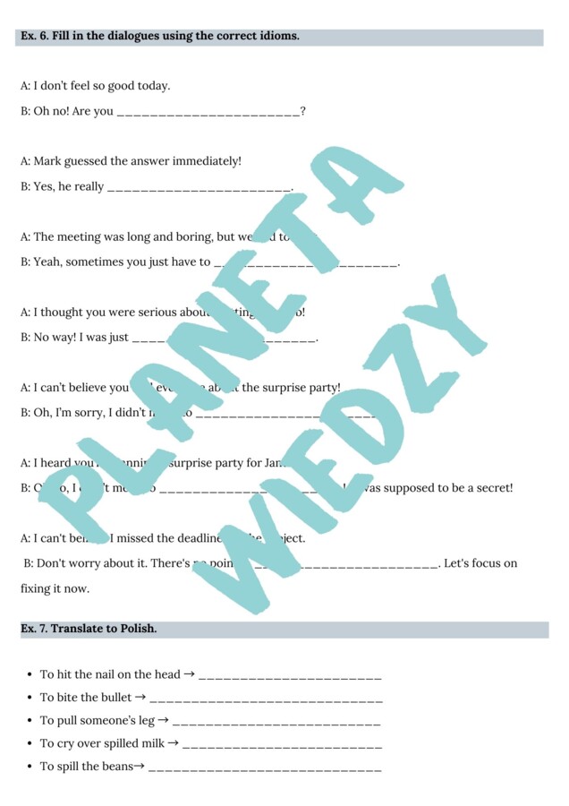 Najpopularniejsze angielskie idiomy – Karta pracy dla uczniów, Ćwiczenia zwrotów - język angielski, (poziom A2, szkoła podstawowa), PDF do druku