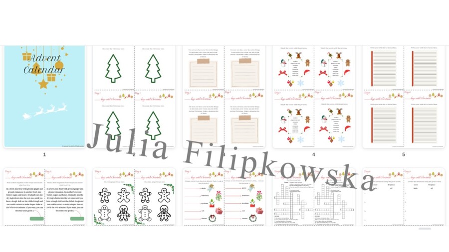 Kalendarz Adwentowy/ Advent Calendar/ English/ Christmas/ Boże Narodzenie/ Christmas vocabulary/ Słownictwo/ SP 4-6/ Klasy 4-6/ Karty pracy/ Zestaw/ Pakiet/ Czytanie/ Pisanie/ Reading/ Writing