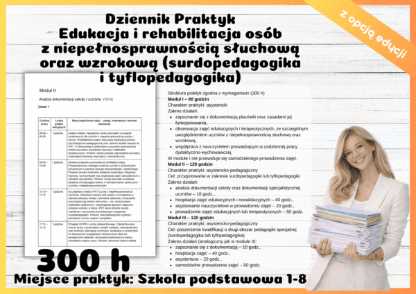 Dziennik Praktyk Edukacja i rehabilitacja osób z niepełnosprawnością słuchową oraz wzrokową (surdopedagogika i tyflopedagogika) 300 h