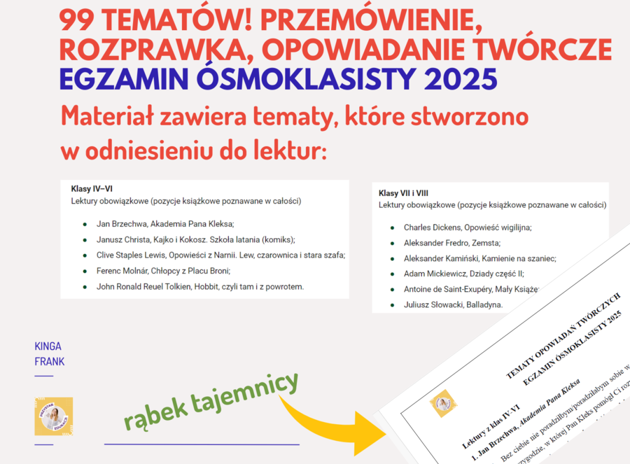 99 tematów ROZPRAWEK, OPOWIADAŃ TWÓRCZYCH, PRZEMÓWIEŃ - egzamin ósmoklasisty 2025