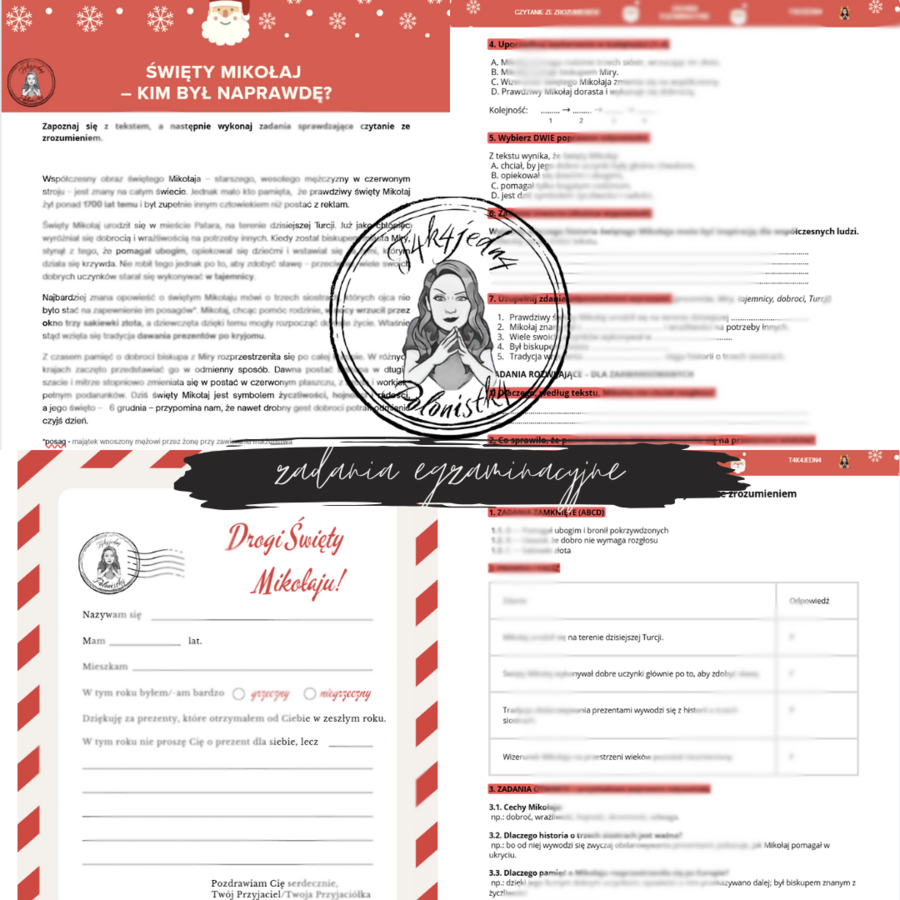 🎅✨ Mikołajkowe Czytanie ze Zrozumieniem – zestaw egzaminacyjny dla klas 4-6