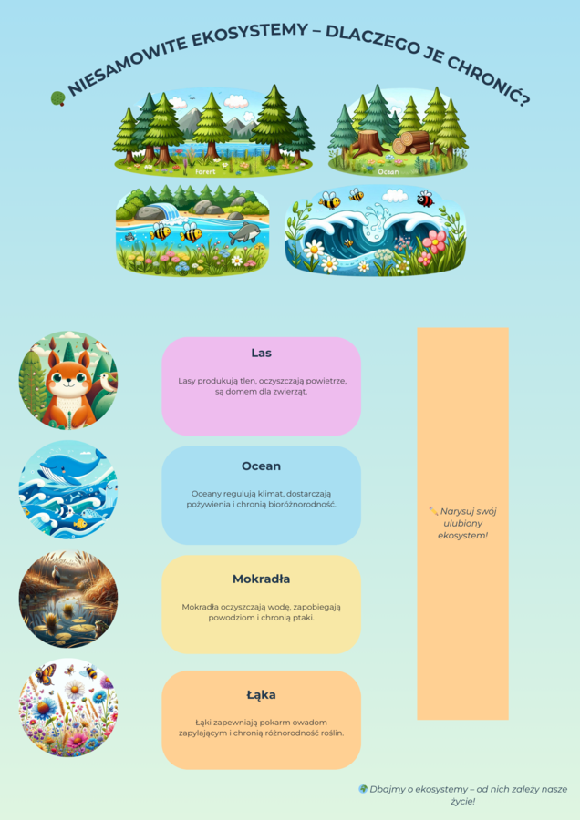 Plakaty edukacyjne. Ochrona środowiska. Ekosystemy. Rośliny i zwierzęta zagrożone