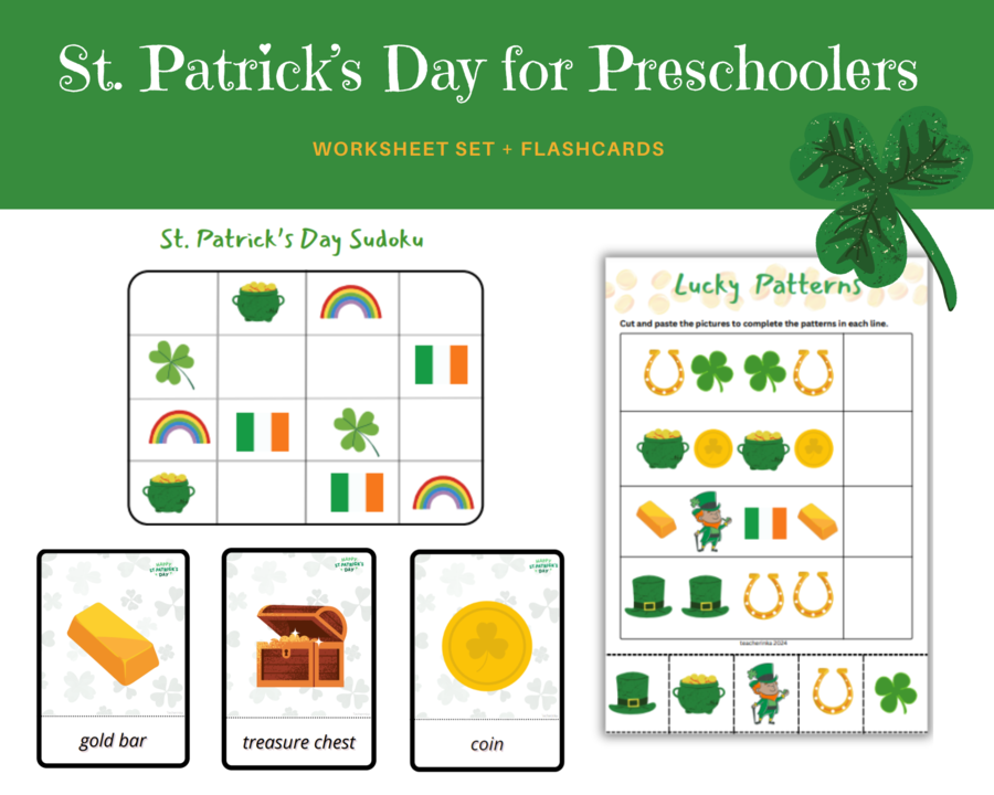 Saint Patrick for Preschoolers - Święty Patryk dla przedszkolaków - zestaw kart pracy słownictwo, sudoku, gra I Spy, labirynt, liczenie do 10, wzory, what comes next, dodatkowo karty obrazkowe