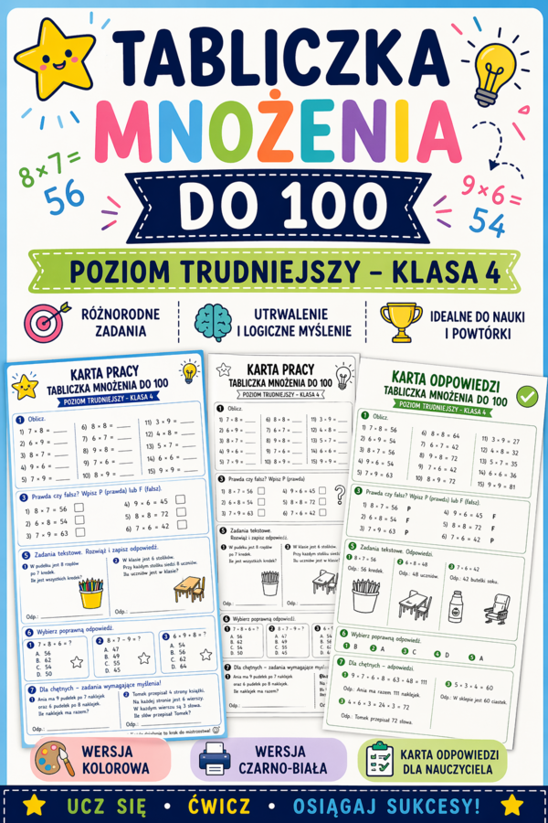 Tabliczka mnożenia do 100 – karta pracy (klasa 2-4, poziom trudniejszy)