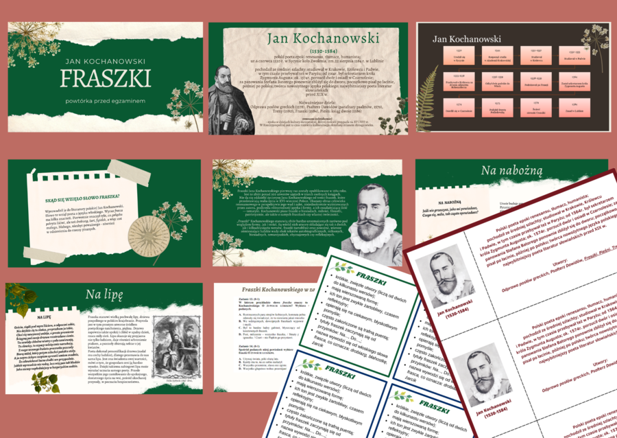 Jan Kochanowski FRASZKI - prezentacja + 2 wklejki - wklejka - egzamin - powtórzenie