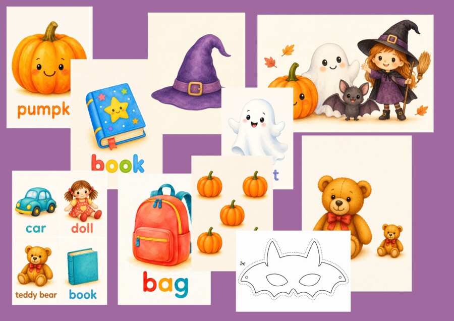 Angielski w przedszkolu – PAŹDZIERNIK | 10 scenariuszy + flashcards i materiały do druku | Toys, classroom & Halloween