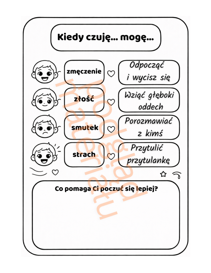 Emocje i uczucia dla dzieci – kolorowanka edukacyjna i karty pracy | 51 stron PDF