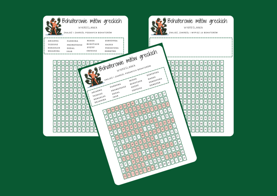 BOHATEROWIE MITÓW GRECKICH - mity - mitologia - wykreślanka