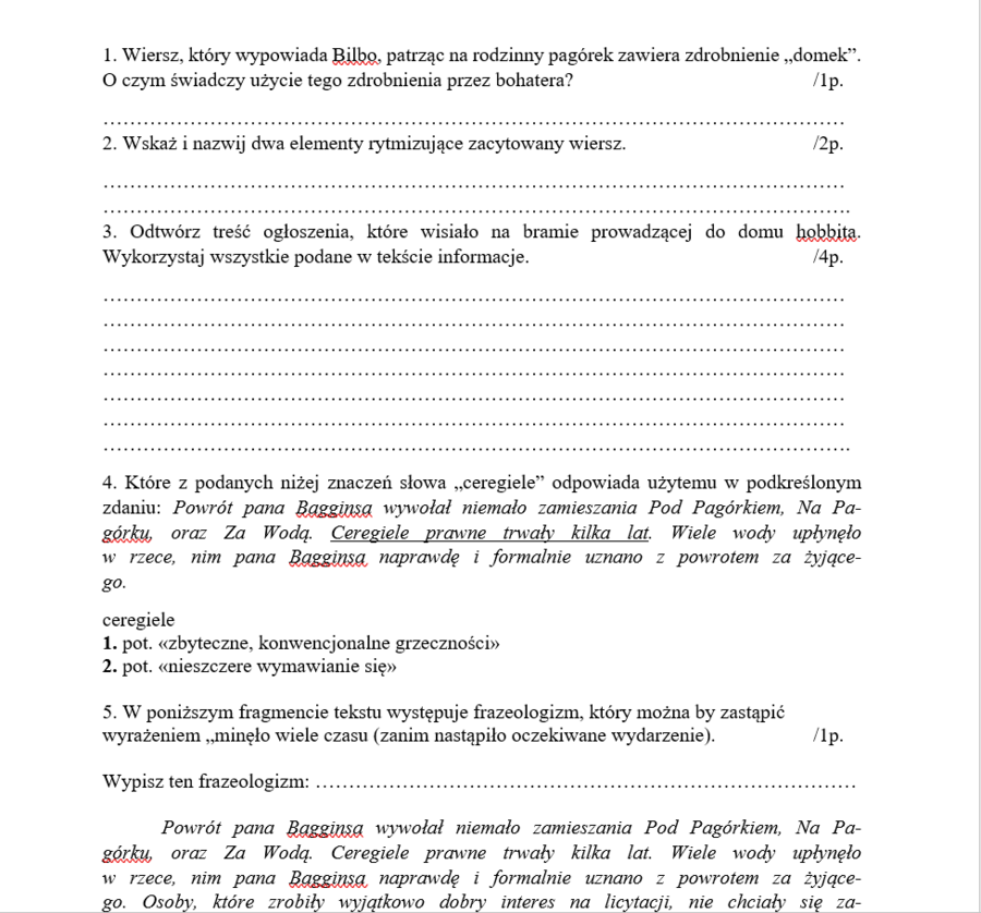 "Hobbit" - czytanie ze zrozumieniem (karta pracy)