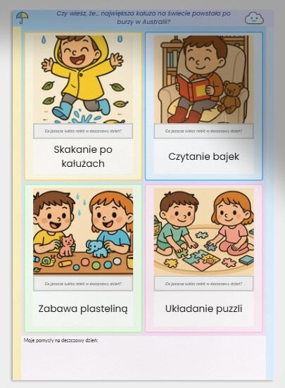 Karty obrazkowe "Co robić, gdy pada deszcz?"