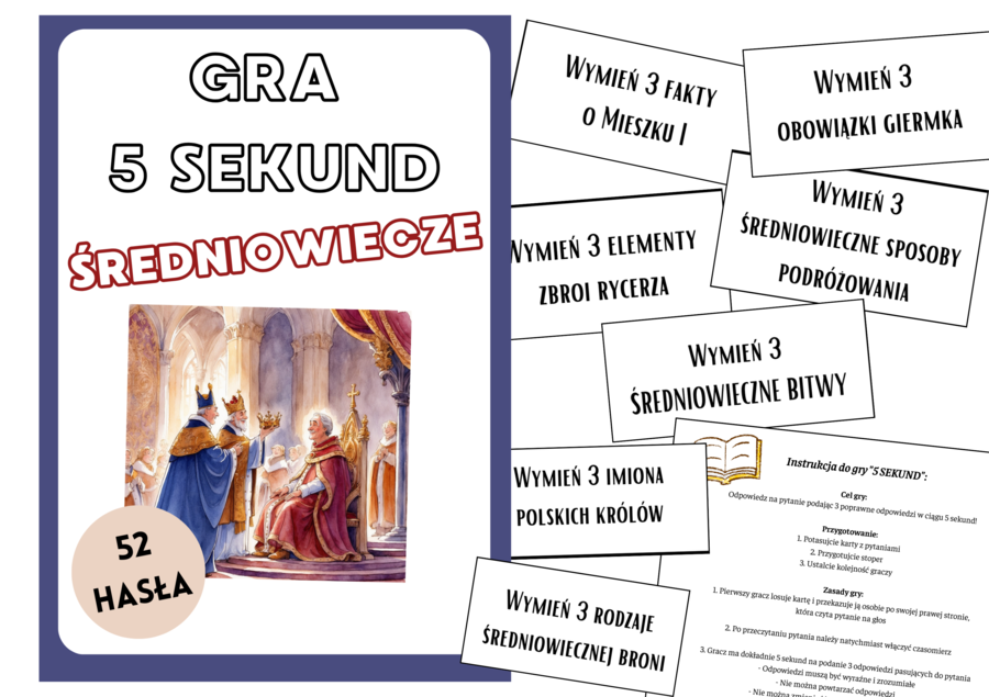 5 Sekund ŚREDNIOWIECZE, 52 HASŁA – Edukacyjna Gra Towarzyska dla Szkół | Wiedza o ŚREDNIOWIECZU w Dynamicznej Formie/GRYWALIZACJA