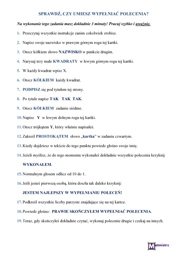 Sprawdź, czy umiesz wypełniać polecania - czytanie ze zrozumieniem