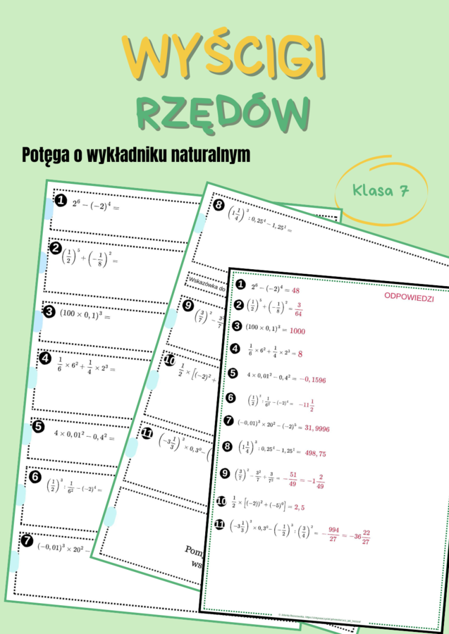 Potęga o wykładniku naturalnym, obliczanie potęg bez znajomości własności,  praca w grupach, wyścigi rzędów