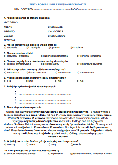 Pogoda i inne zjawiska - karta pracy / sprawdzian