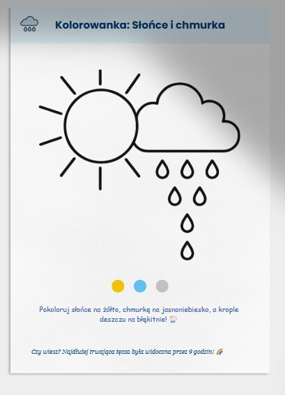 Karty pracy: kolorowanki związane z pogodą, labirynty, łączenie kropek.