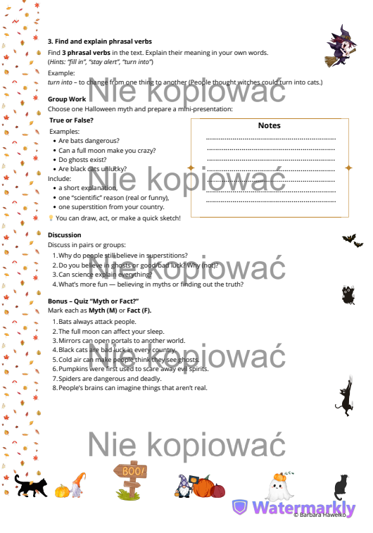 Karta pracy z czytanką "Halloween Myths Debunked" B1