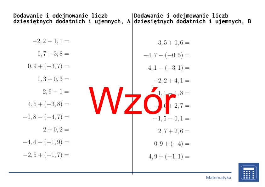 Dodawanie i odejmowanie liczb dziesiętnych dodatnich i ujemnych | matematyka | 26 kolumn