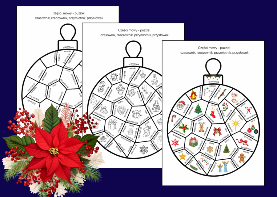 🎄 Świąteczne puzzle – Bombki: części mowy (czasownik, rzeczownik, przymiotnik, przysłówek)🎄