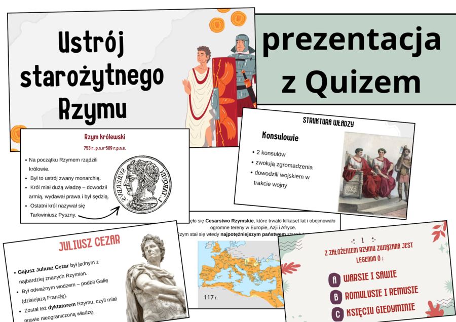 Prezentacja z quizem: Ustrój starożytnego Rzymu – historia, klasa 5, ponad 30 slajdów, możliwość edycji
