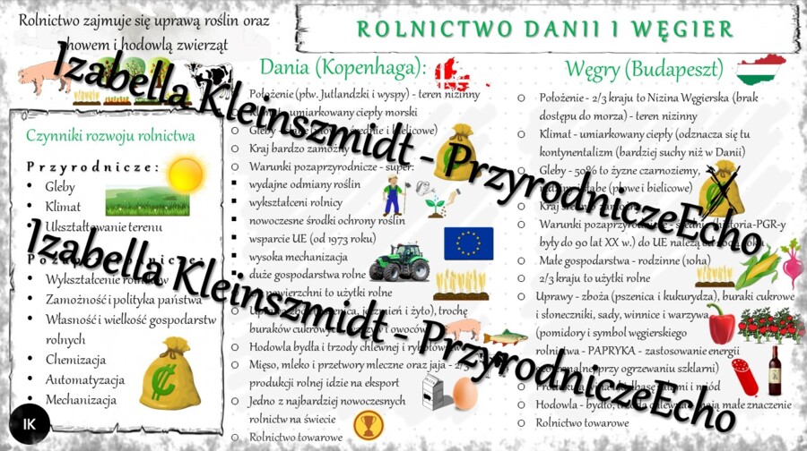 Sketchnotka - notatka „Rolnictwo Danii i Węgier” wykonana w power point do edycji. Geografia 6; „Gospodarka Europy”