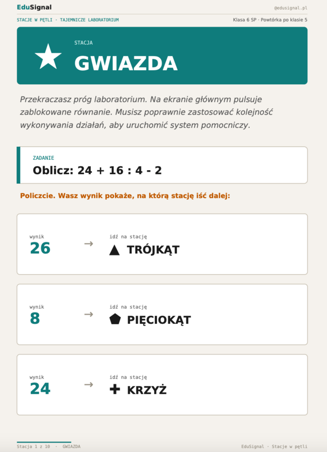 Stacje zadaniowe: Tajemnicze Laboratorium — powtórka po klasie 5 | matematyka klasa 6 | gra z obiegiem po klasie