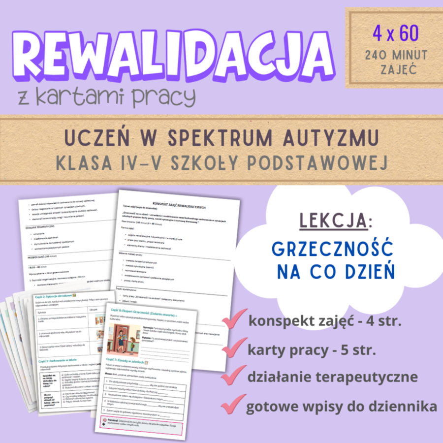 Rewalidacja – Grzeczność na co dzień. Scenariusz z kartami pracy. Autyzm kl. IV-V.