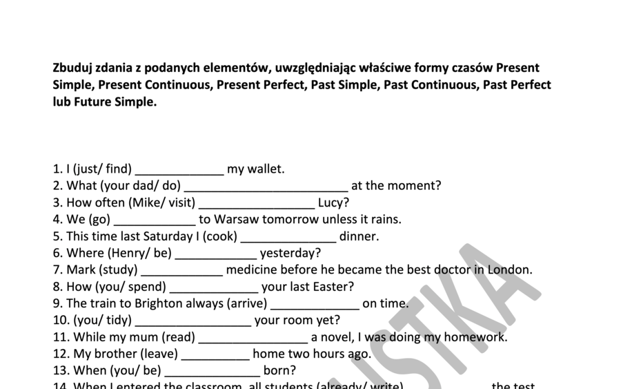 7 czasów- obszerne ćwiczenie z kluczem dla ósmoklasistów