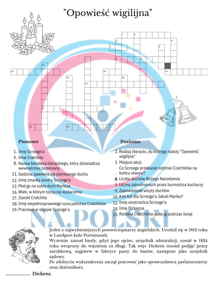 Opowieść wigilijna - krzyżówka oraz informacje o autorze