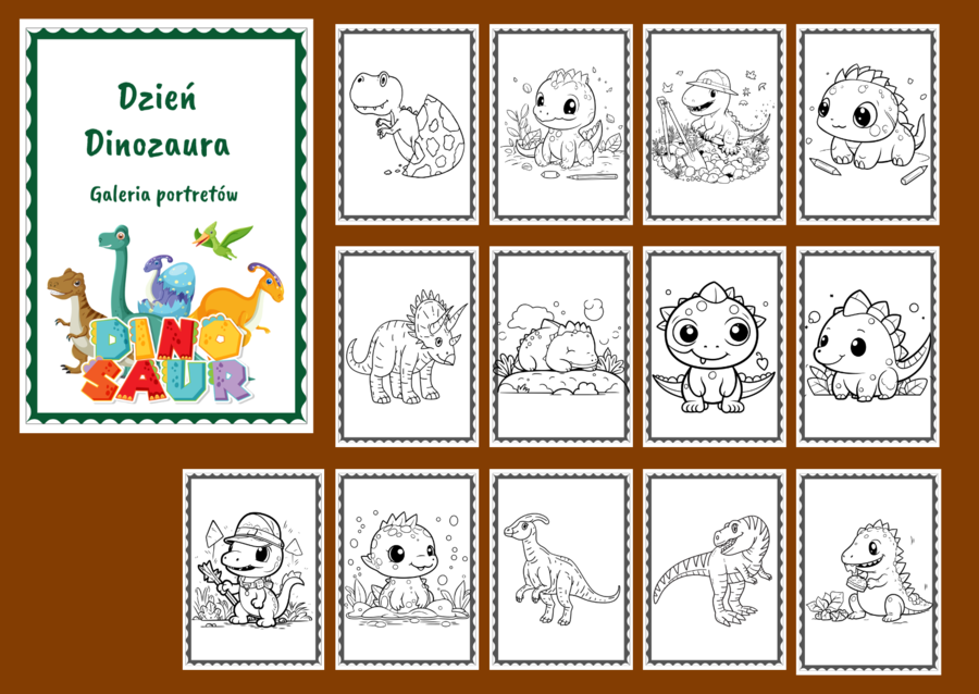 DZIEŃ DINOZAURA – Galeria portretów – kolorowanka – kolorowanki – biblioteka – świetlica – przedszkole – 27 wersji