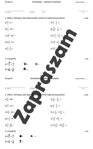 Dzielenie ułamków zwykłych - kartkówka / karta pracy